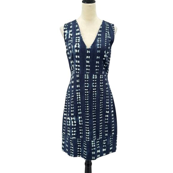 J. Crew Navy Blue Tie Dye Print Woven Canvas 100% Cotton V-neck Sheath Dress - Picture 2 of 12